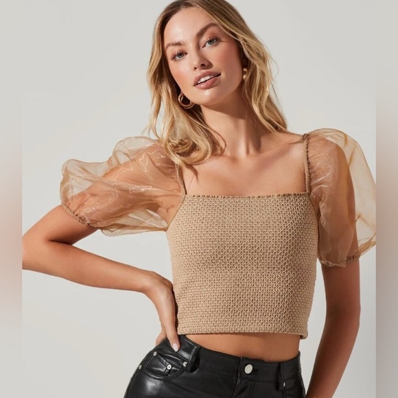 ASTR The Label Organza Puff Sleeve Smocked Crop Top - Beige/Tan - Extra Small XS - Picture 5 of 14
